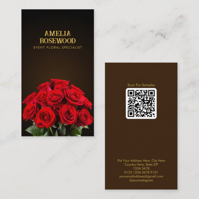 Bouquet-Rote Rosen über klassischen Dunkelbraun-QR Visitenkarte (Vorne/Hinten)
