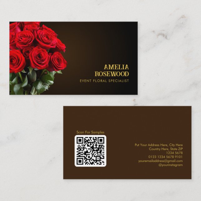 Bouquet-Rote Rosen über klassischen Dunkelbraun-QR Visitenkarte (Vorne/Hinten)