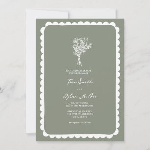 Bouquet Scalloped Sage Green Wedding Einladung