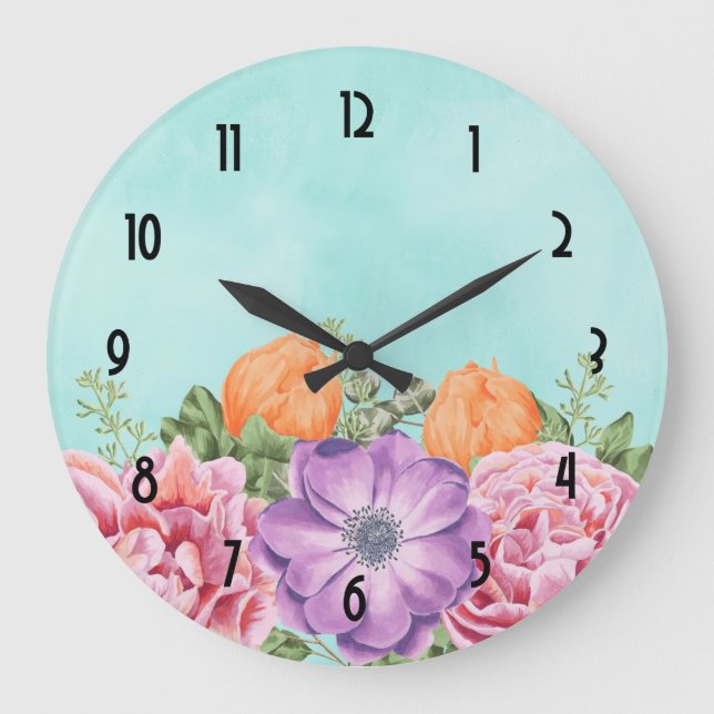 Bouquet von Aquarellfarben Blume Rosa Lila Orange Große Wanduhr (Vorderseite)