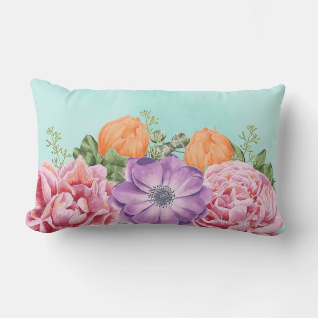 Bouquet von Aquarellfarben Blume Rosa Lila Orange Lendenkissen (Vorderseite)