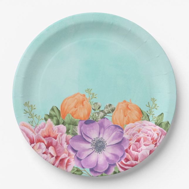 Bouquet von Aquarellfarben Blume Rosa Lila Orange Pappteller (Vorderseite)