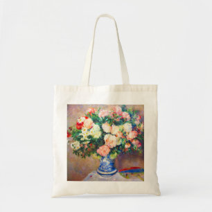 Bouquet von Chrysanthema und ein japanischer Fan Tragetasche