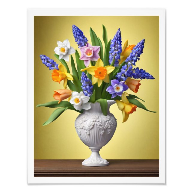 Bouquet von Frühlingsdümmeln Hyacinths Holztisch Fotodruck (Vorne)