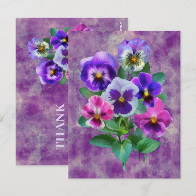 Bouquet von Violets Pansy Blume DANKE Postkarte (Vorne/Hinten)