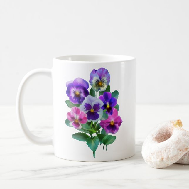 Bouquet von Violets Pansy Blume Kaffeetasse (Mit Donut)