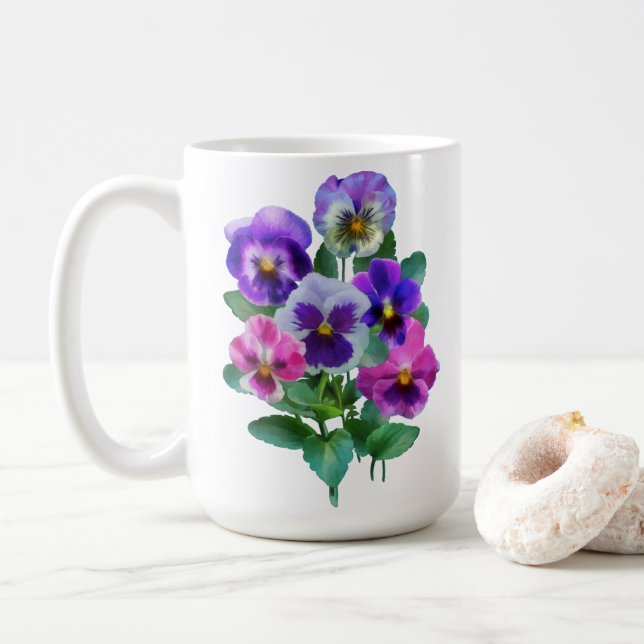 Bouquet von Violets Pansy Blume Kaffeetasse (Mit Donut)