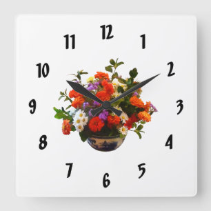 Bouquet with Mums and Daisies Quadratische Wanduhr