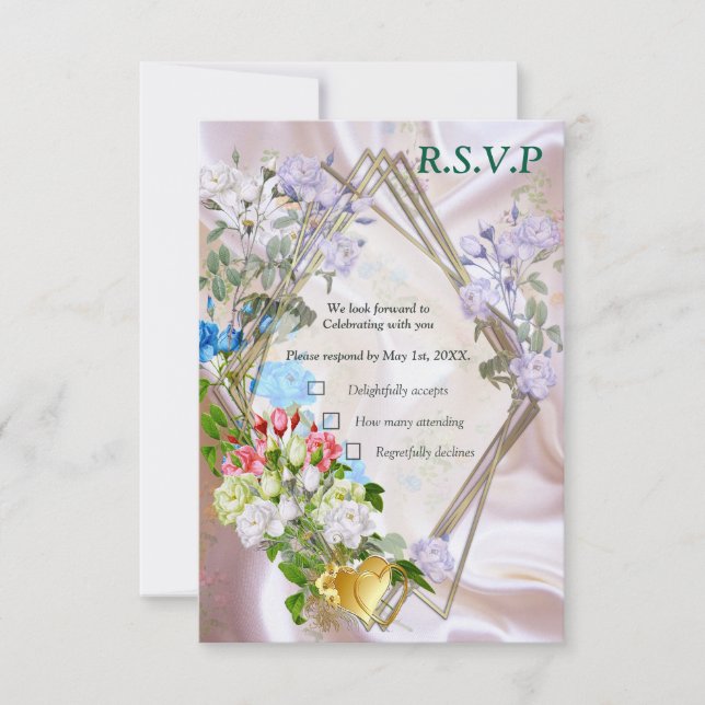 Bouquets von mehrfarbigen Rose auf Seidentexturen RSVP Karte (Vorderseite)
