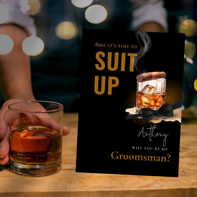 Bourbon Cigar Tuxedo Anzug Up Trauzeuge Einladung (Watercolor Bourbon Cigar Tuxedo Suit Up Groomsman Invitation)