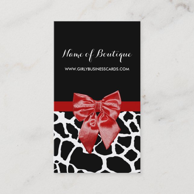 Boutique Red Bow Black and Whtie Giraffe Visitenkarte (Vorderseite)