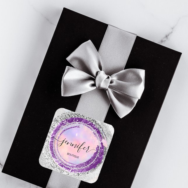 Boutique Shop Glitzer Lila Silber Rosa Quadratischer Aufkleber (Boutique Shop Glitter Purple Silver Pink Square Sticker)
