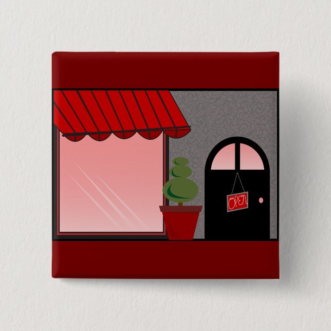 Boutique Storefront Red Black Topiary Open Button (Vorderseite)