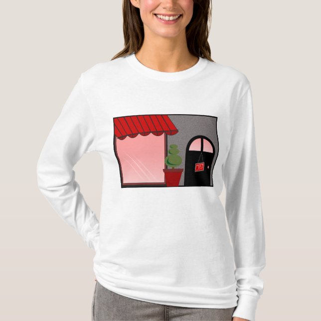 Boutique Storefront Red Black Topiary Open T-Shirt (Vorderseite)