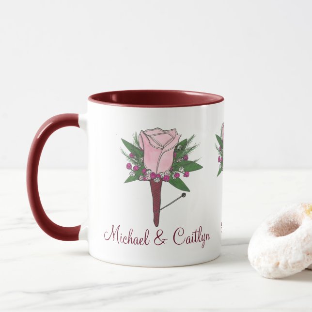 Boutonniere Rose Blume Personalisiert Hochzeit Tas Tasse (Mit Donut)