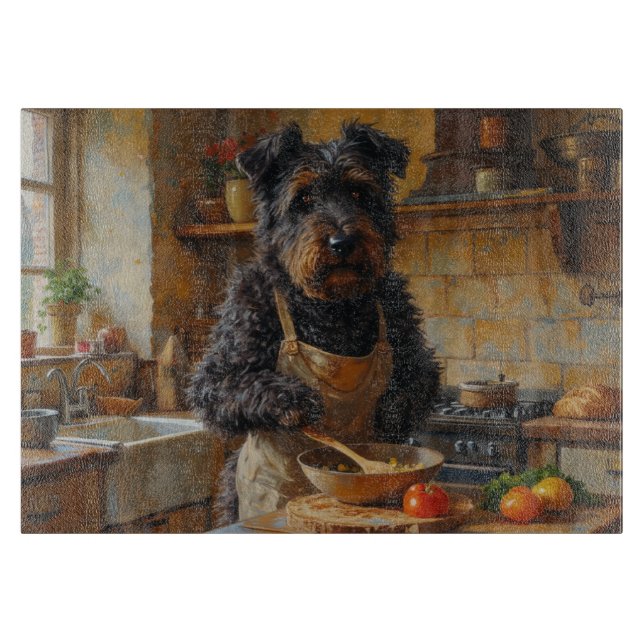 Bouvier des Flandern kocht in der Küche Schneidebrett (Vorderseite)