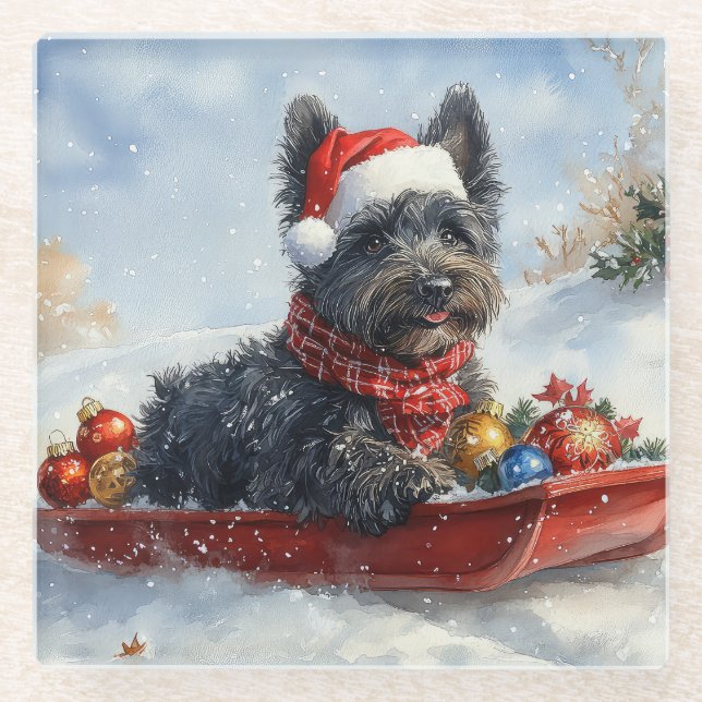 Bouviers Des Flandres Dog in Sledge Weihnachten Glasuntersetzer (Vorderseite)