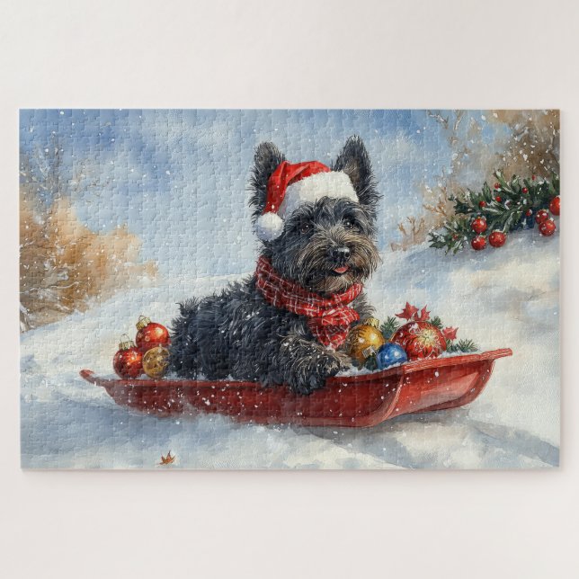 Bouviers Des Flandres Dog in Sledge Weihnachten Puzzle (Horizontal)