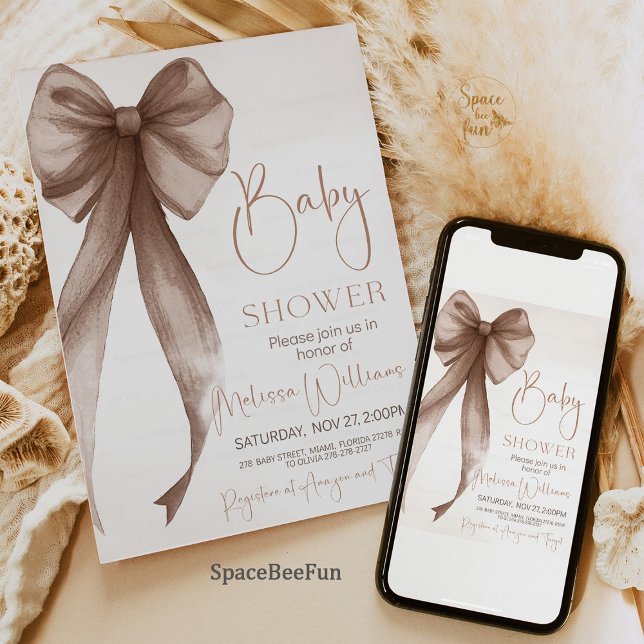 Bow Baby Dusche Coquette Einladung (Bow Baby Shower Invitation, Boho Baby Shower Invite, Gender Neutral Baby Shower, Coquette Baby Showe)