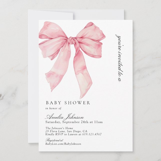 Bow Baby Dusche, Pink Girl Baby Dusche Einladung (Vorderseite)