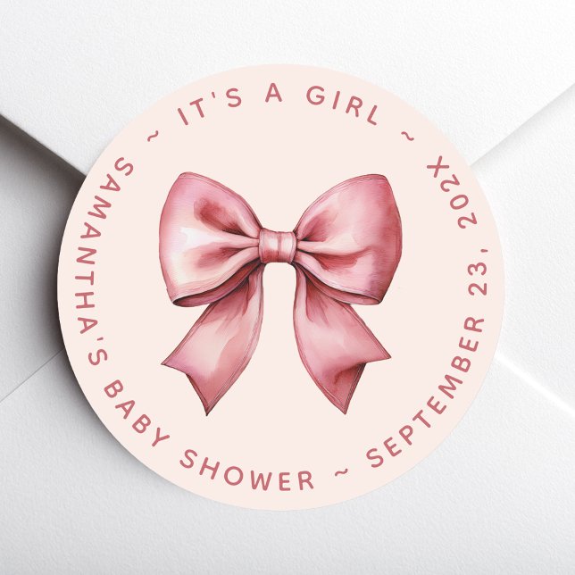 Bow Baby Shower Blush Pink & Red It's a Girl Runder Aufkleber (Von Creator hochgeladen)