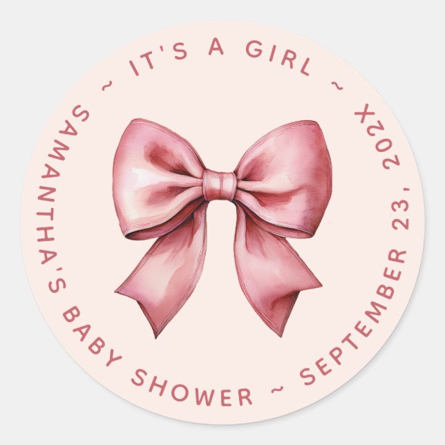 Bow Baby Shower Blush Pink & Red It's a Girl Runder Aufkleber (Vorderseite)