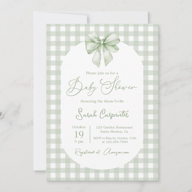 Bow Baby Shower Sage Green invitation with bow Einladung (Vorderseite)