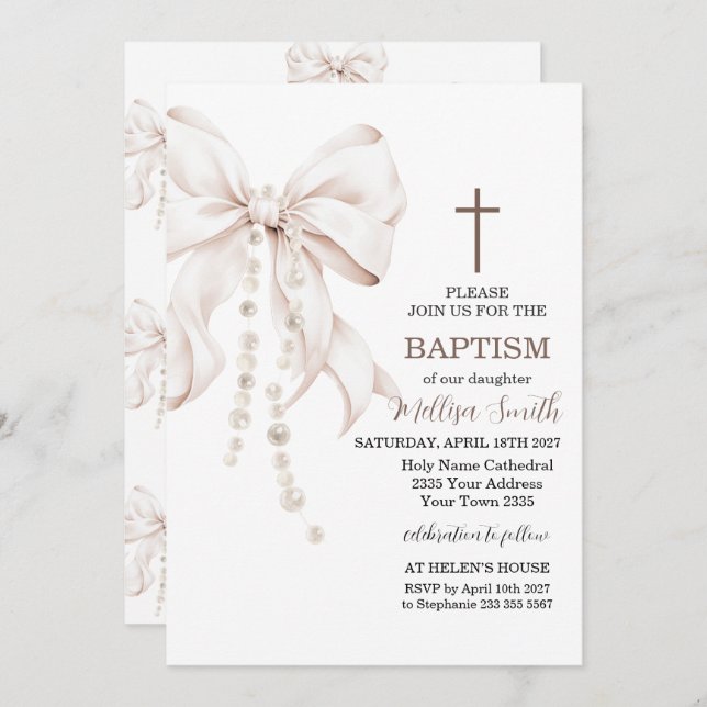 Bow Baptism Girl Einladung (Vorne/Hinten)
