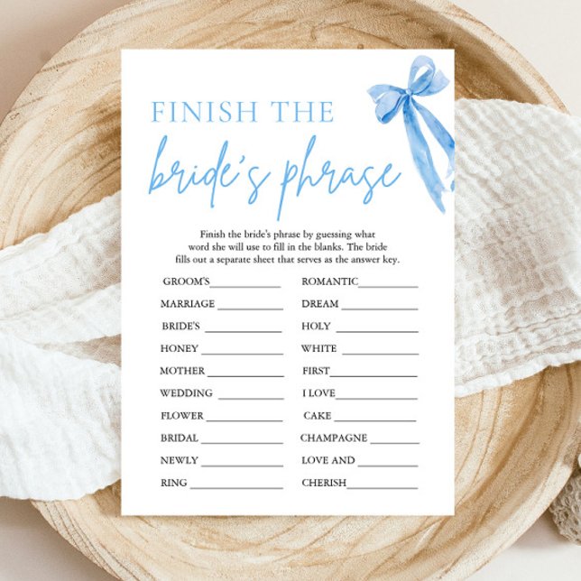 Bow beendet das Phrase-Brautparty-Spiel der Braut Einladung (Modern Watercolor Dusty Blue Bow Finish the Bride's Phrase Bridal Shower Game)