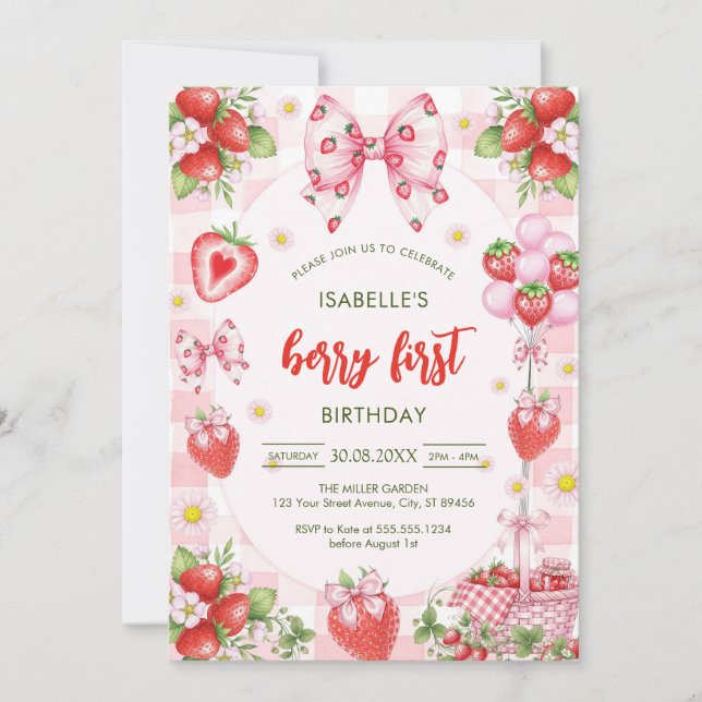 Bow Berry First Birthday 1st Birthday Invitation Einladung (Vorderseite)