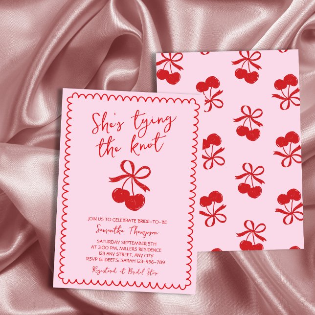 Bow bindet das handgezeichnete Brautparty der Knot Einladung (Bow Tying The Knot Cherry Hand Drawn Bridal Shower Invitation)