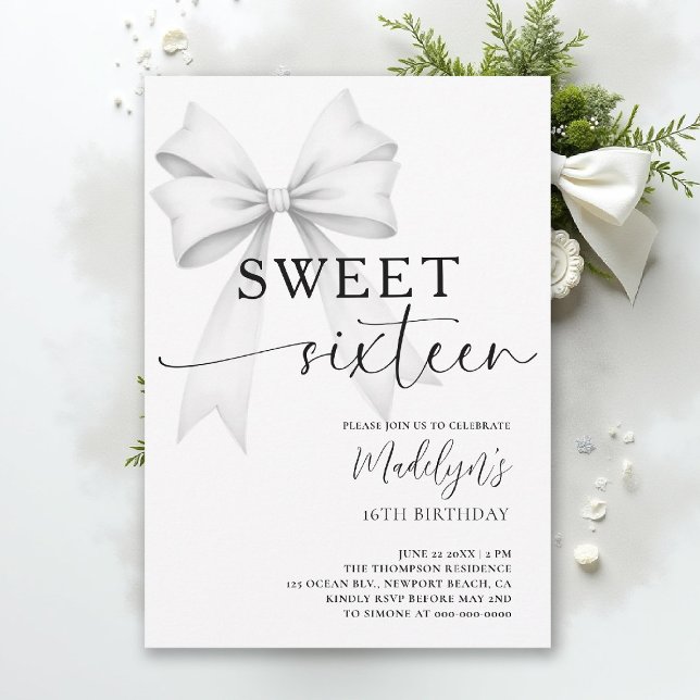 Bow Black White Modern Elegant Simple Sweet 16 Einladung (sweet sixteen birthday party invitation bow simple classy black and white script trendy fashion teen)