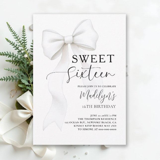 Bow Black White Modern Simple Elegant Sweet 16 Einladung (sweet sixteen birthday party invitation bow fashion simple classy black and white script)