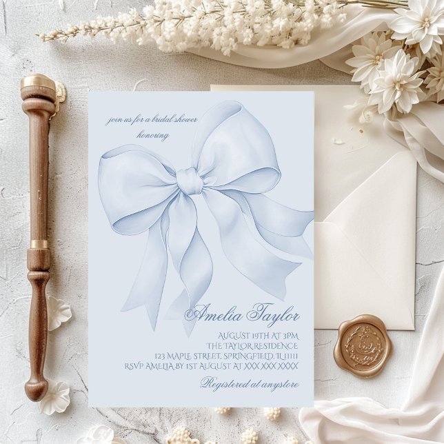 Bow Blue Elegant Brautparty Einladung (Von Creator hochgeladen)