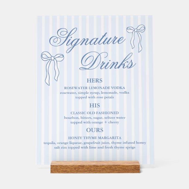 Bow Blue Wedding Signature Drinks Cocktails Acrylschild (Vorderseite)