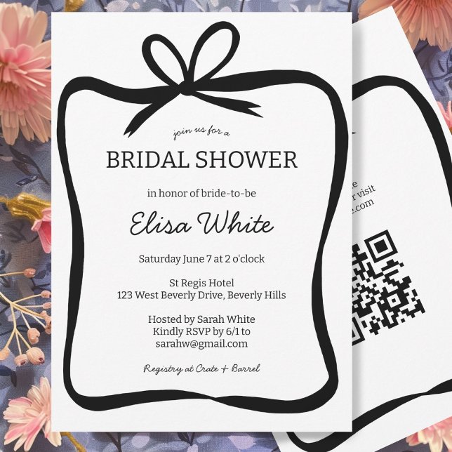 BOW-Brautparty-Multifunktionsleisten-QR-Code Einladung (Bow Ribbon Frame Bridal Shower CUSTOM QR Code Invitation Simple Minimalist Girly)
