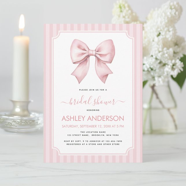 Bow Bridal Shower Pink Stripes Pattern Coquette Einladung (Von Creator hochgeladen)