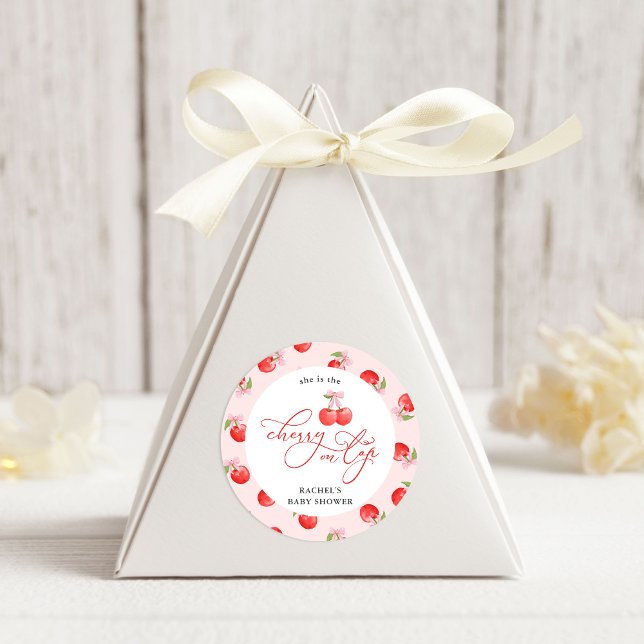 Bow Cherry auf der Top Baby Girl Shower Runder Aufkleber (Von Creator hochgeladen)