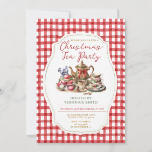 Bow Christmas Tee Party Floral Red Gingham Holiday Einladung