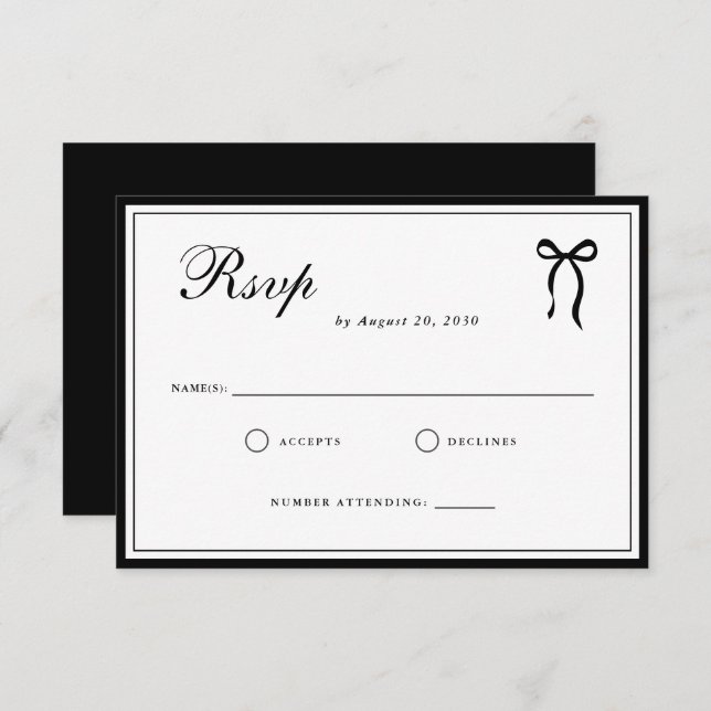 Bow Classic Old Money Black & White Wedding RSVP Karte (Vorne/Hinten)
