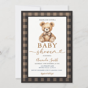 Bow Coquette Bär Junge Baby Shower Kariert Braun Einladung