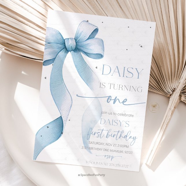 Bow Coquette Blau 1. Geburtstag  Einladung (Bow Coquette Birthday Invitation )