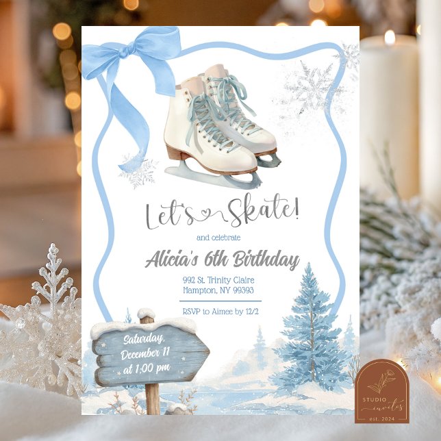 Bow Coquette Blue Girl Let's Skate Birthday Einladung (Von Creator hochgeladen)