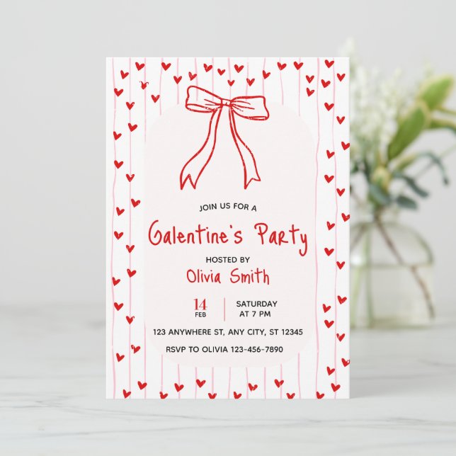 bow coquette galentines party invite , red hearts  einladung (Stehend Vorderseite)