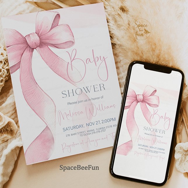 Bow Coquette Girl Babydusche Einladung (Bow Coquette Girl Baby Shower Invitation, baby shower invitation, girl baby shower, elegant baby sho)