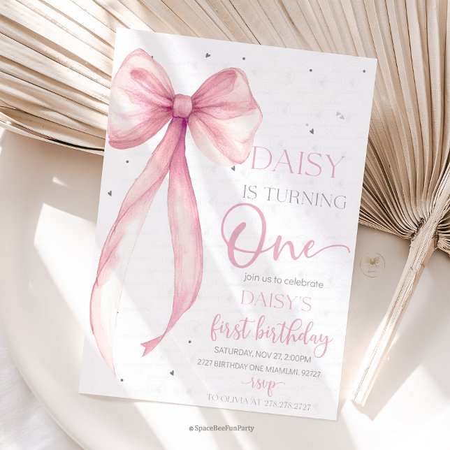 Bow Coquette Pink 1. Geburtstag  Einladung (Bow Coquette Birthday Invitation )