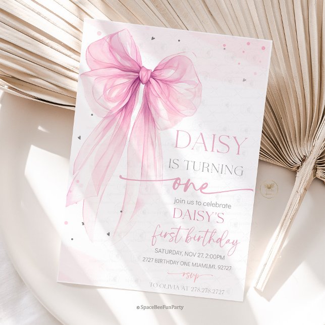 Bow Coquette Pink 1. Geburtstag  Einladung (Bow Coquette Birthday,Elegant coquette,ribbon pamper party,Bow Any Age Party, Party decoration bow,)