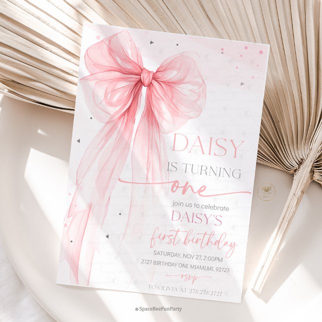 Bow Coquette Pink 1st Birthday  Einladung (Bow Coquette Birthday Invitation )