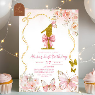 Bow Coquette Pink Butterfly First Birthday Einladung