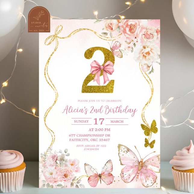 Bow Coquette Pink Butterfly Second Birthday Einladung (Von Creator hochgeladen)